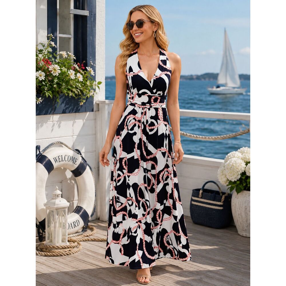 Lilly Pulitzer Amanda Maxi Dress Nautical Print Blue White Size L